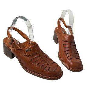 VTG LATINO Slingback Stacked Heel Sandals Huarache Leather 39 US 9 Made In Spain